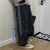 Harajuku Clothing Men Classic Retro Pants Straight Leg Pant Summer Vintage Straight-Leg Pants Jeans Plaid Stitching