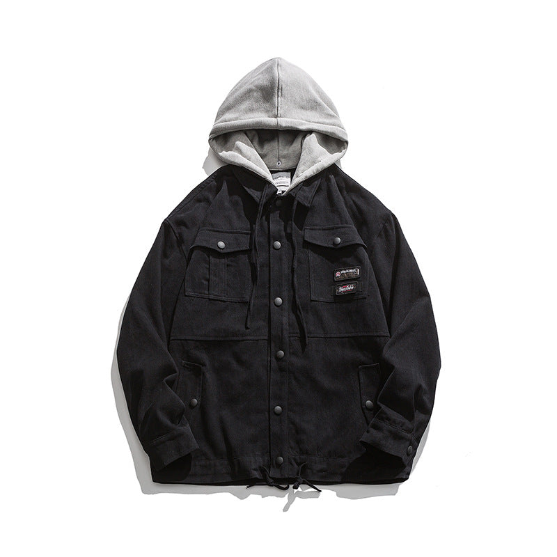 Men's Spring plus Size Retro Sports Casual Multi-Pocket Workwear Hooded Jacket Loose Jacket Men's Coat