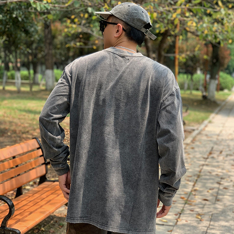 Present Letter Print T Shirt Present Double Line Series Solid Color Long Sleeve Loose Casual Couple Base T-shirt