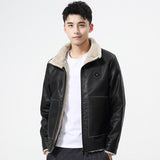 80's Leather Jacket Men's Leather Coat Winter Fleece-Lined Thick Fur Collar Cardigan Jacket Warm Coat