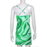 Green Fairycore Dress Abstract Seaweed Printed V-neck Small Sling Dress for Women