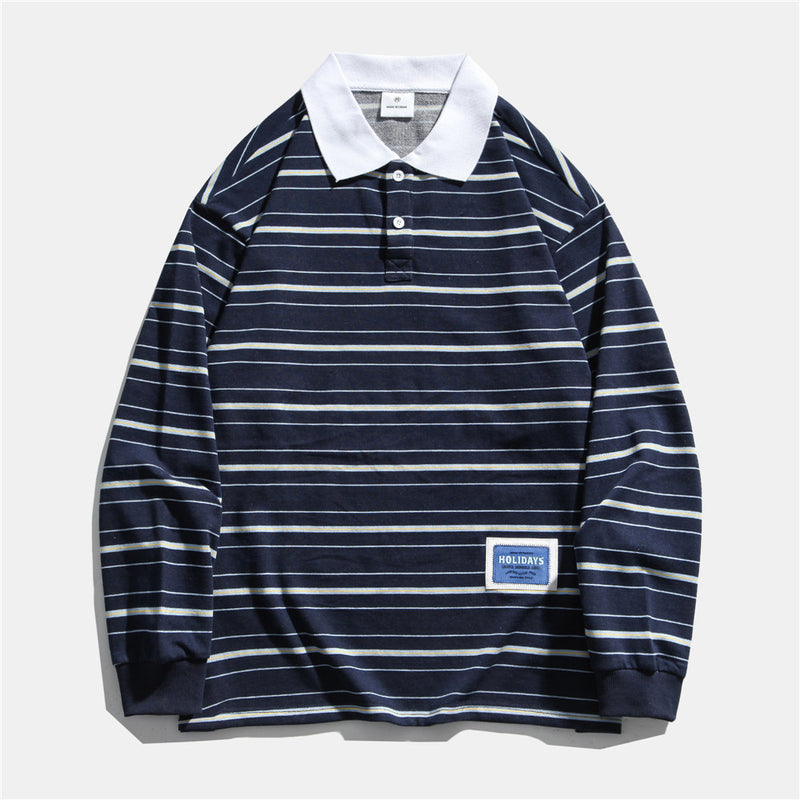 Men Summer Pullover Sweater Long-Sleeved T-shirt Men's Color Matching Pullover Boyfriend Harajuku Style Street Fashion Loose