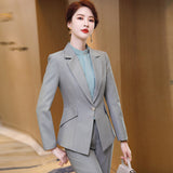 Women Pants Suit Uniform Designs Formal Style Office Lady Bussiness Attire Gray Blazer Spring and Autumn Long Sleeve Work Clothes