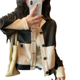 Two Tone Leather Jacket Biker's Leather Jacket Autumn Women Top