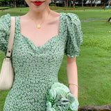 Green Fairycore Dress French Square Collar Floral Dress Summer Split Puff Sleeve Dress