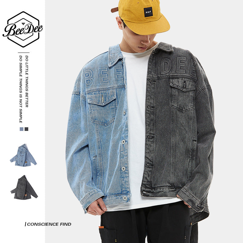 Spring Denim Jacket Male Letter Loose Casual Two-Color Men's Top Plus Size Men Denim Jacket