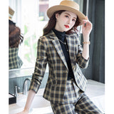 Women Pants Suit Uniform Designs Formal Style Office Lady Bussiness Attire Plaid Fall/Winter Fashion Waist Trimming Slimming Suit Pant Two-Piece Set