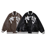 Two Tone Leather Jacket Letter Embroidered Long Sleeve Baggy Coat Men's and Women's Leather Baseball Uniform