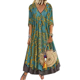Red Peasant Dress Autumn and Winter V-neck Three-Quarter Sleeve Vintage Printed Fake Two-Piece Women's Dress