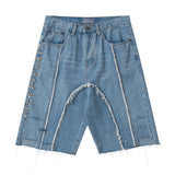 Men Jean Shorts Frayed Hem Design Denim Shorts Men's Decorative Rivets Casual Straight-Leg Middle Pants
