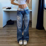 Low Rise Jeans Autumn Casual Loose Trousers Low Waist Pleated Heart Printing Jeans