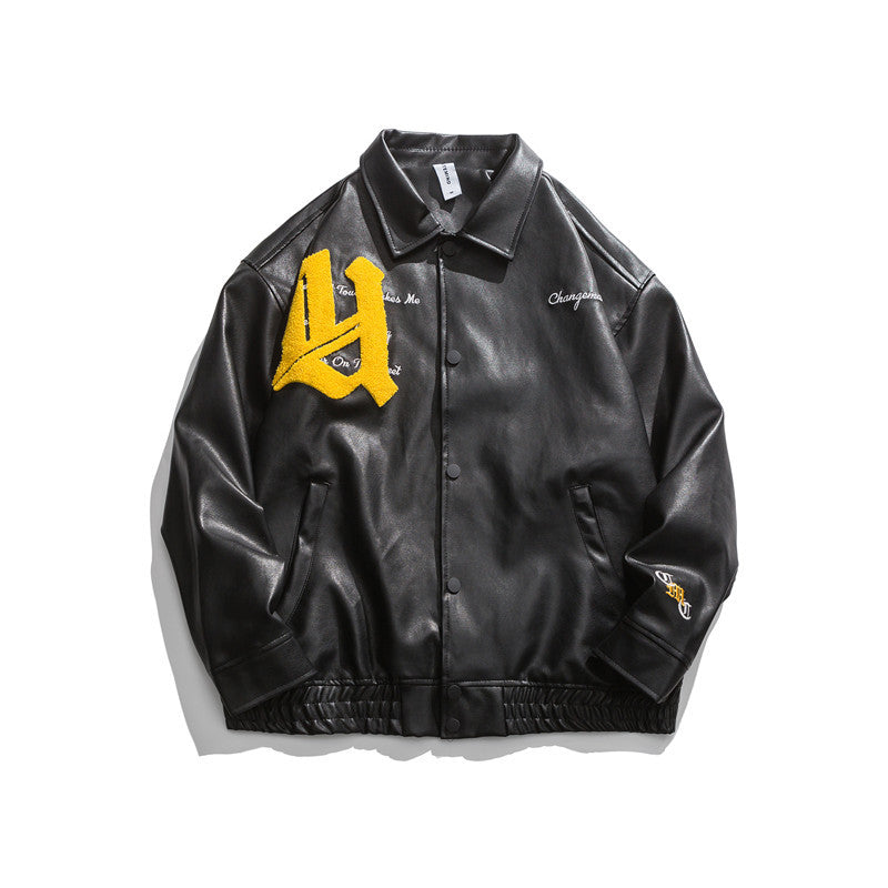 8 Ball Jackets Spring Stand Collar Jacket Youth Back Pattern Printing Leather Coat Men's