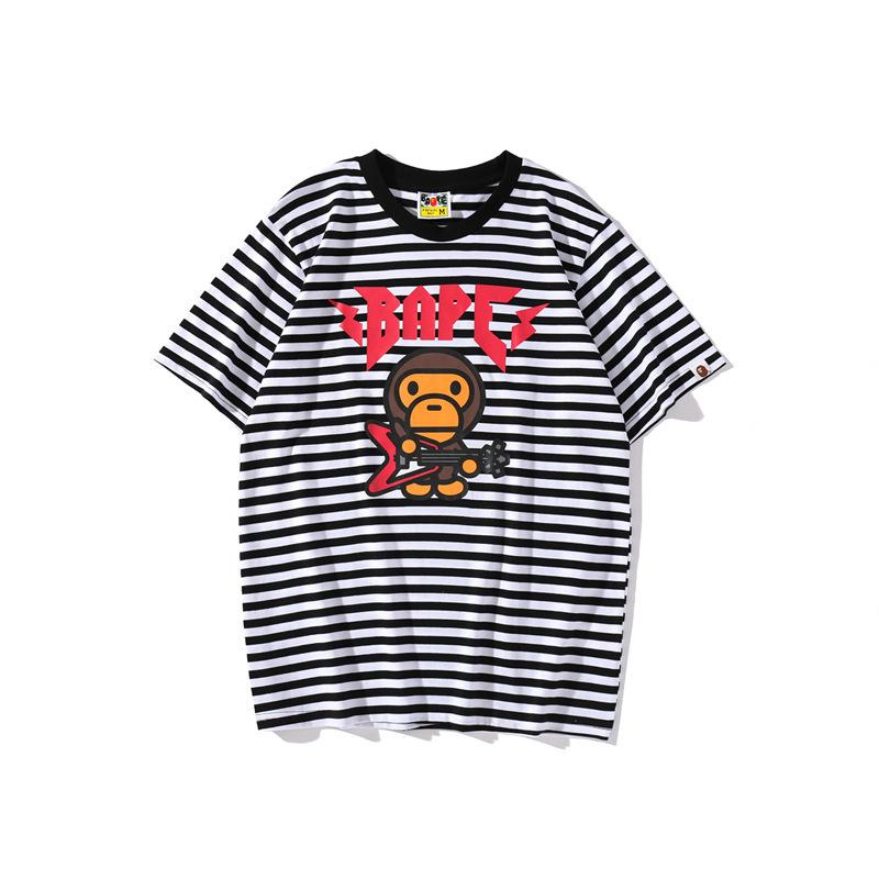 A Ape Print T Shirt Cartoon Rock Bass Player Striped T-shirt Casual Letter Short Sleeve