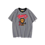 A Ape Print T Shirt Cartoon Rock Bass Player Striped T-shirt Casual Letter Short Sleeve