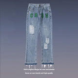 Mens Fall Outfits High Street Alphabet Embroidery Ripped Denim Pants Casual Retro Bootleg Pants
