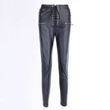 Faux Leather Pants Lace-up Zipper Leather Pants Women's PU Leather Slim Slimming High Waist Stretch Tight Trousers
