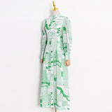 Green Fairycore Dress Pastoral Style Green Dress Autumn Small Stand Collar Single-Breasted Printing and Dyeing High Waist Big Swing Dress
