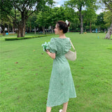 Green Fairycore Dress French Square Collar Floral Dress Summer Split Puff Sleeve Dress