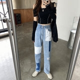Harajuku Clothing Men Classic Retro Pants Straight Leg Pant Stitching High Waist Loose Men and Women Denim Straight-Leg Trousers