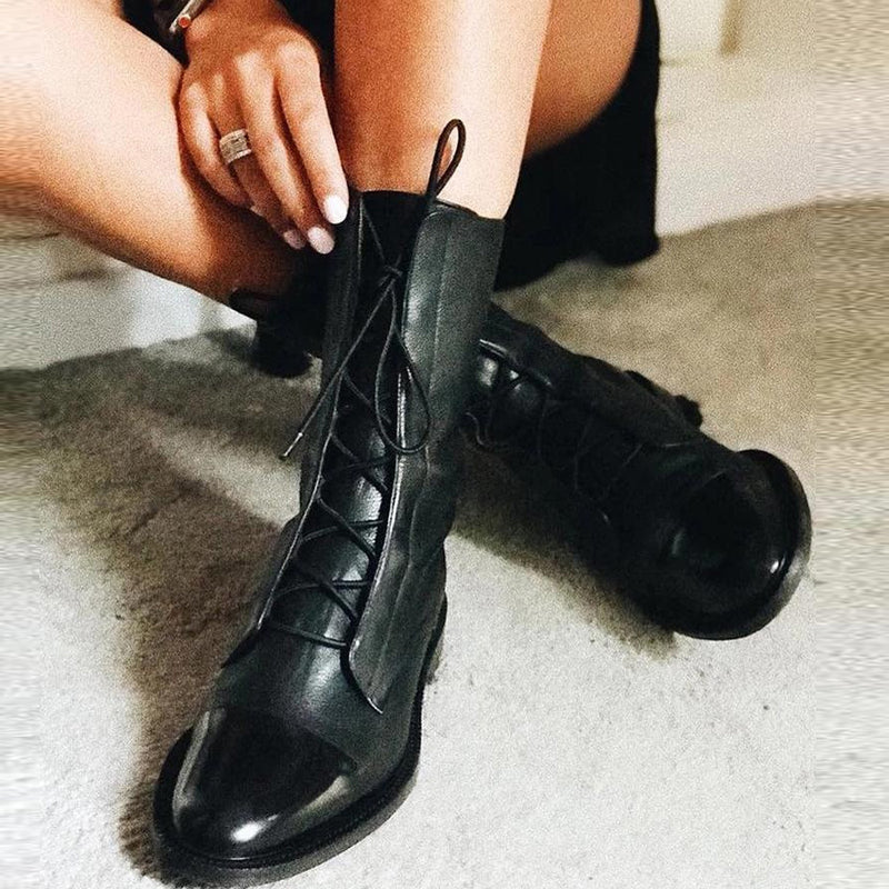 Coachella Festival Boots Low Heel round Toe Cross Strap Mid-Calf Women's Riding Boots