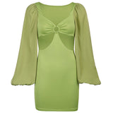 Green Fairycore Dress Midriff Outfit Hollow Hip Lifting Skirt Summer Puff Sleeve Irregular Waist-Baring Dress