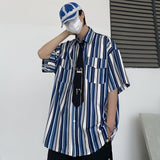 Harajuku Clothing Men's Casual Shirts Summer Retro Striped Printed Short Sleeve Shirt Male and Female Overalls Shirt
