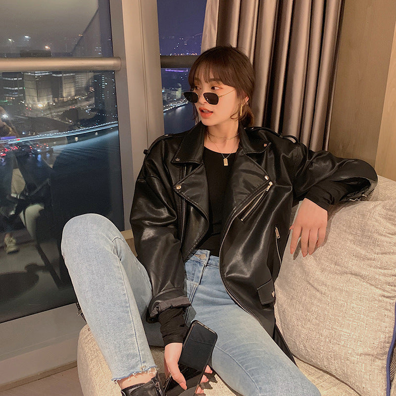 1970 East West Leather Jacket Autumn Vintage Leather Women's Loose Short Motorcycle Clothing PU Leather Jacket Jacket