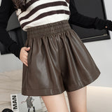 Leather Shorts Autumn Motorcycle PU Leather Short Female Wide-Leg Bootcut Shorts
