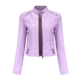 Hot Pink Motorcycle Jacket Rivet Leather Women's Short Spring and Autumn Jacket Long Sleeve Women's Coat