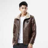 80's Leather Jacket Men's Leather Coat Winter Fleece-Lined Thick Fur Collar Cardigan Jacket Warm Coat