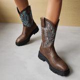Coachella Ankle Boots Coffee Rain Vintage Embroidery Round Head Middle Boots