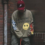 Kanye West Hoodie Coconut Smiley Face Puff Print Loose round Neck Sweater High Street Fog