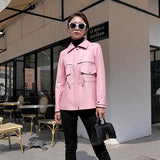 Hot Pink Motorcycle Jacket Mid-Length Casual Coat Spring Genuine Leather Clothes