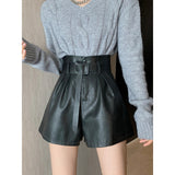 Leather Shorts Autumn and Winter High Waist Bud-Shaped Pants Fashion Slimming A- line Wide Leg Boot Pant