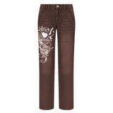 Low Rise Jeans Autumn Casual Loose Trousers Low Waist Pleated Heart Printing Jeans