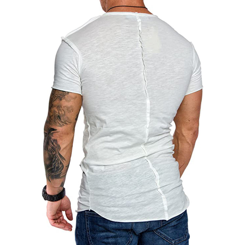 Men Tshirt Casual plus Size Top AliExpress 2021 Spring and Summer Foreign Trade New Men's Slanted Stripe Stitching Hem Small Leather Tag Design V-neck Short Sleeve T-shirt