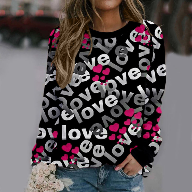 Valentine's Day Outfits Pattern Print Long Sleeve Loose Sweatshirt