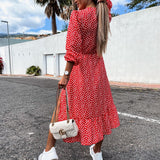 Red Peasant Dress Autumn and Winter Long Sleeve Printed Sexy Waist Slit Midi Dress for Women