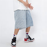 Men Jean Shorts Letter Printed Washed Denim Shorts Men's Summer Street Casual Loose Straight Shorts