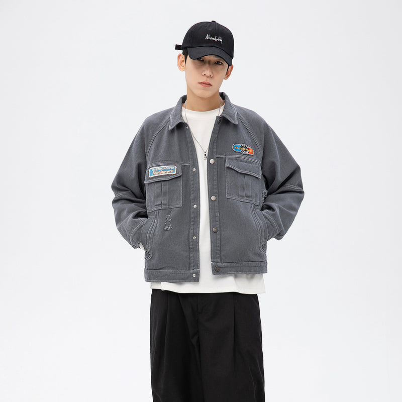 Spring Japanese Lapel Denim Jacket Men's Workwear Broken Large Size Sports Jacket Jacket Trendy Men Jacket