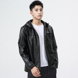 80's Leather Jacket Men's Autumn Coat Young Men's Fleece-Lined Fall Winter Hooded Leather Jacket