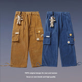 Mens Fall Outfits Corduroy Overalls Loose Straight Drawstring Ankle-Tied Wide-Leg Pants
