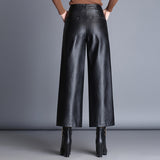Black Leather Pants Wide-Leg Pants Women's Large Size Cropped Pants Spring Loose Straight Wide Leg Casual Pants