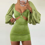 Green Fairycore Dress Midriff Outfit Hollow Hip Lifting Skirt Summer Puff Sleeve Irregular Waist-Baring Dress