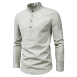 Men's Spring Shirts Casual Collar Tops Shirt Spring and Autumn Cotton Linen Long Sleeve Blouse Men's Solid Color Stand Collar Shirt Fashion