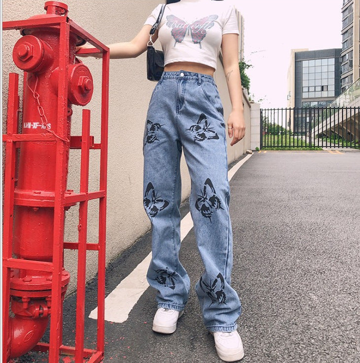 100 Cotton Jeans Women Printed Butterfly Jeans Women Loose Wide Leg Pants Mop Pants Trousers