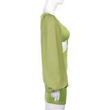 Green Fairycore Dress Midriff Outfit Hollow Hip Lifting Skirt Summer Puff Sleeve Irregular Waist-Baring Dress