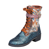 Coachella Ankle Boots Vintage Embroidery Embroidered Mid-Calf Square Heel Large Size Boots