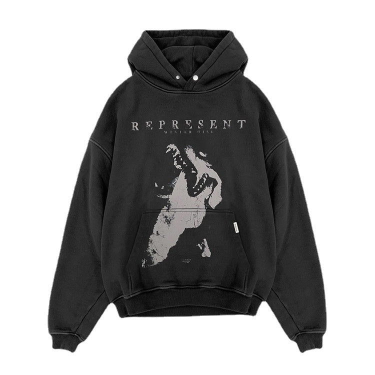 Represent Letter Print Hoodie Represent Mountain Wolf Printed Hoodie Retro Washed Distressed Casual Couple Pullover Hoodie