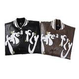 Two Tone Leather Jacket Letter Embroidered Long Sleeve Baggy Coat Men's and Women's Leather Baseball Uniform